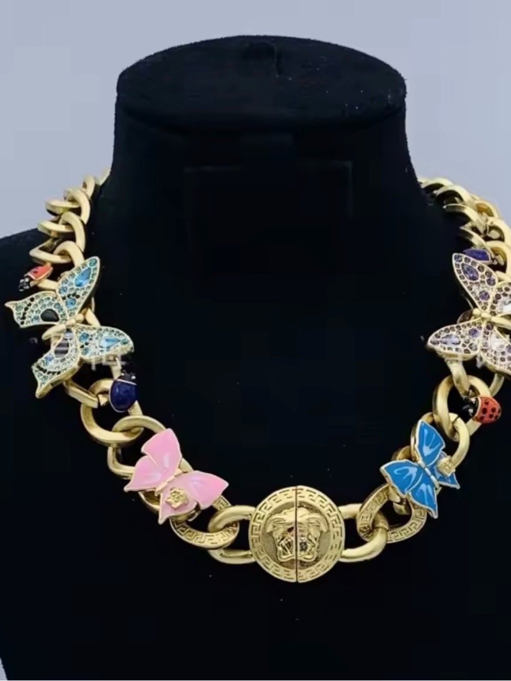 New Medusa lady bug & butterflycrystal necklace choker link lock chain gold tone